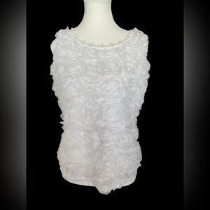 Frank Lyman White Rosette Floral Textured Pearl Trim Sleeveless Blouse | Size L